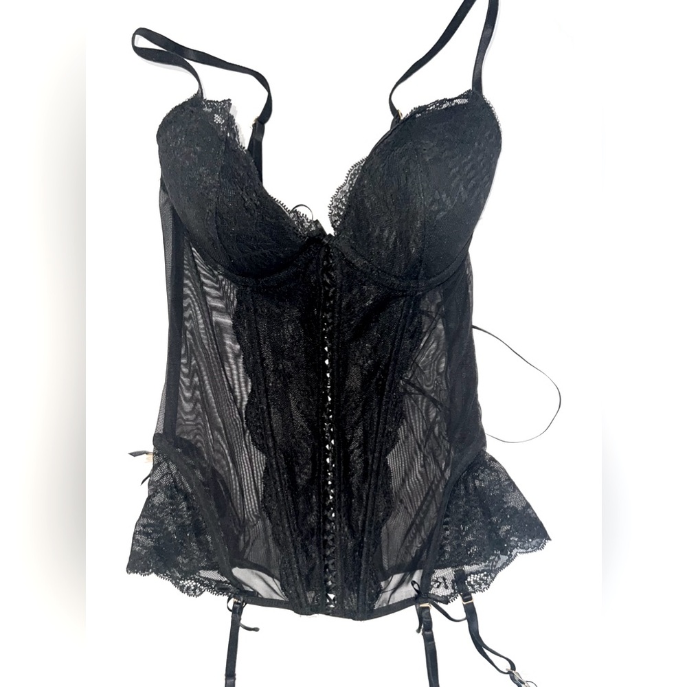 Victoria’s Secret black lace corset with crystals and garter straps 36B